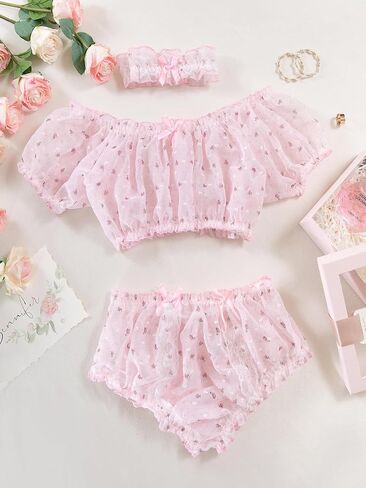 Sexy Choker Naughty Ruffle Embroidered Mesh Sheer Lingerie Set 3 Piece in Saudi Arabia