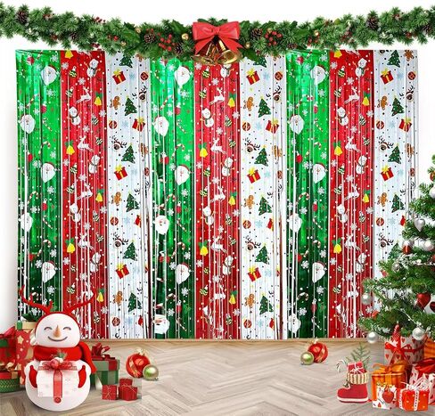 3 Pack Christmas Party Decorations Foil Fringe Curtain Backdrop 3.3 x 6.6 ft Green Red Silver Metallic Tinsel Fringe Christmas Party Photo Props for Christmas New Year Party Celebration in Saudi Arabia