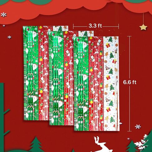 3 Pack Christmas Party Decorations Foil Fringe Curtain Backdrop 3.3 x 6.6 ft Green Red Silver Metallic Tinsel Fringe Christmas Party Photo Props for Christmas New Year Party Celebration in Saudi Arabia