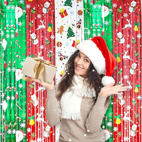 3 Pack Christmas Party Decorations Foil Fringe Curtain Backdrop 3.3 x 6.6 ft Green Red Silver Metallic Tinsel Fringe Christmas Party Photo Props for Christmas New Year Party Celebration in Saudi Arabia