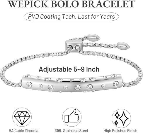 Adjustable Bracelet for Women Bangles 18K Gold Plated Stainless Steel Dainty Cubic Zirconia Chain Slider Bolo Bracelets for Women Mom Brithday Gift 5-9 Inch in Saudi Arabia