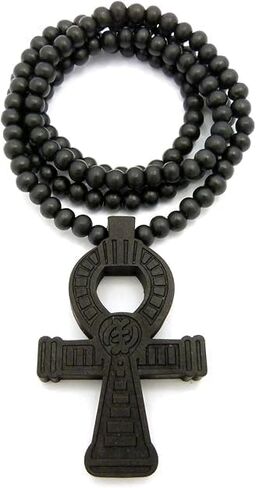 ShopHaven Egyptian Cross Ankh Necklace, Natural Wood Ankh Pendant Necklace, African Necklace, Afrocentric Accessory, Wooden Beaded Chain Necklace in Saudi Arabia