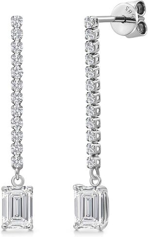 Gem Stone King 14K White Gold Gemstone Birthstone and White Lab Grown Diamond Long Liner Dangle Earrings for Women | Emerald Cut 6X4MM | White Gold Chain Drop Earrings in Saudi Arabia