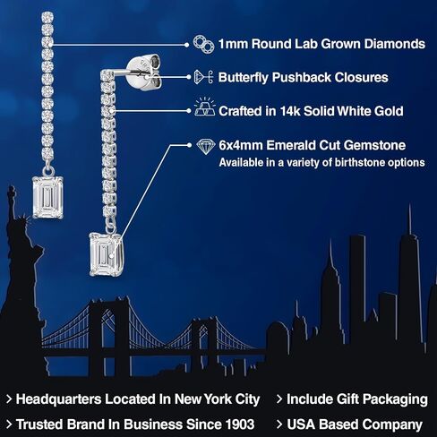 Gem Stone King 14K White Gold Gemstone Birthstone and White Lab Grown Diamond Long Liner Dangle Earrings for Women | Emerald Cut 6X4MM | White Gold Chain Drop Earrings in Saudi Arabia