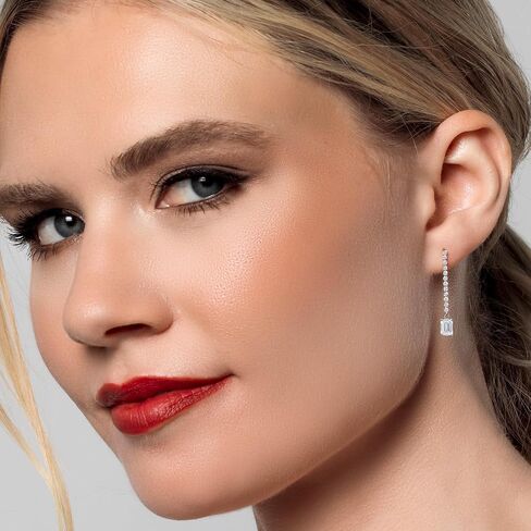 Gem Stone King 14K White Gold Gemstone Birthstone and White Lab Grown Diamond Long Liner Dangle Earrings for Women | Emerald Cut 6X4MM | White Gold Chain Drop Earrings in Saudi Arabia
