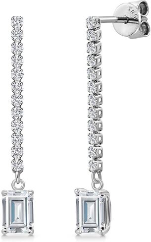 Gem Stone King 14K White Gold Gemstone Birthstone and White Lab Grown Diamond Long Liner Dangle Earrings for Women | Emerald Cut 6X4MM | White Gold Chain Drop Earrings in Saudi Arabia