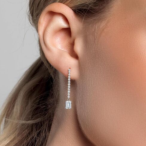 Gem Stone King 14K White Gold Gemstone Birthstone and White Lab Grown Diamond Long Liner Dangle Earrings for Women | Emerald Cut 6X4MM | White Gold Chain Drop Earrings in Saudi Arabia