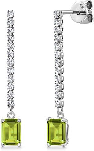Gem Stone King 14K White Gold Gemstone Birthstone and White Lab Grown Diamond Long Liner Dangle Earrings for Women | Emerald Cut 6X4MM | White Gold Chain Drop Earrings in Saudi Arabia