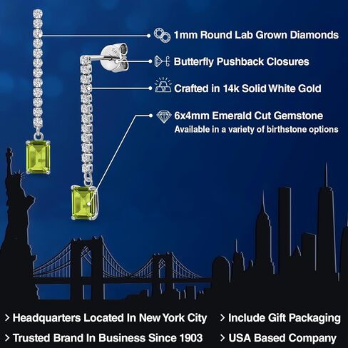 Gem Stone King 14K White Gold Gemstone Birthstone and White Lab Grown Diamond Long Liner Dangle Earrings for Women | Emerald Cut 6X4MM | White Gold Chain Drop Earrings in Saudi Arabia