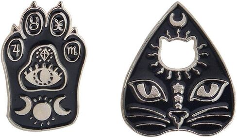 2 Pcs/Set Gothic Black Cat Pet Paw Brooch Enamel Witch Magic Cat Mystical Footprints Triple Moon Star Goddess Brooches Pin Sets Badges for Women Jewelry in Saudi Arabia