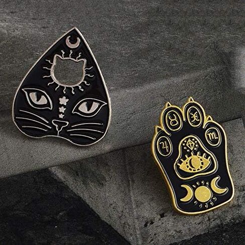 2 Pcs/Set Gothic Black Cat Pet Paw Brooch Enamel Witch Magic Cat Mystical Footprints Triple Moon Star Goddess Brooches Pin Sets Badges for Women Jewelry in Saudi Arabia