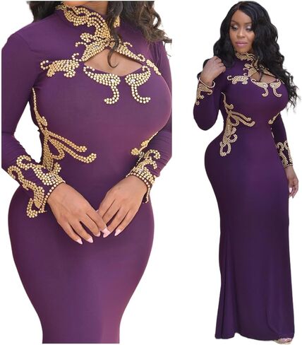 Art deco Long Sleeve Holiday Winter Dress High Neck Casual Formal Homecoming Elegant Classy Evening Gown(One size fit from Small until Large size, Dark purple) in Kuwait