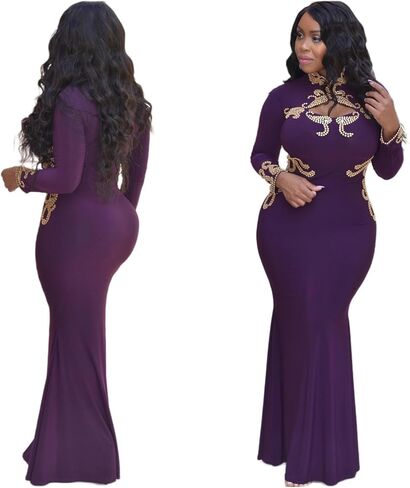 Art deco Long Sleeve Holiday Winter Dress High Neck Casual Formal Homecoming Elegant Classy Evening Gown(One size fit from Small until Large size, Dark purple) in Kuwait