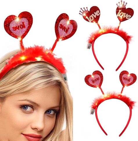 Heart Headband Red Light Up Valentine Hair Band Love Feather Hair Hoop Women Cute Heaadpiece Sequins Party Hair Accessories Costume Holiday Gift (Cute) in Saudi Arabia