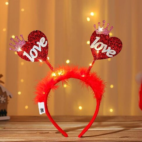 Heart Headband Red Light Up Valentine Hair Band Love Feather Hair Hoop Women Cute Heaadpiece Sequins Party Hair Accessories Costume Holiday Gift (Cute) in Saudi Arabia