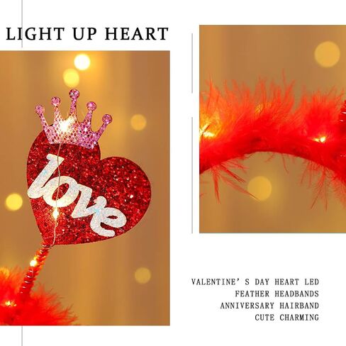 Heart Headband Red Light Up Valentine Hair Band Love Feather Hair Hoop Women Cute Heaadpiece Sequins Party Hair Accessories Costume Holiday Gift (Cute) in Saudi Arabia