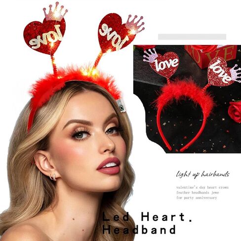 Heart Headband Red Light Up Valentine Hair Band Love Feather Hair Hoop Women Cute Heaadpiece Sequins Party Hair Accessories Costume Holiday Gift (Cute) in Saudi Arabia