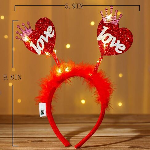 Heart Headband Red Light Up Valentine Hair Band Love Feather Hair Hoop Women Cute Heaadpiece Sequins Party Hair Accessories Costume Holiday Gift (Cute) in Saudi Arabia