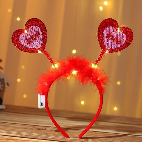 Heart Headband Red Light Up Valentine Hair Band Love Feather Hair Hoop Women Cute Heaadpiece Sequins Party Hair Accessories Costume Holiday Gift (Cute) in Saudi Arabia