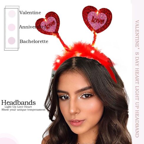 Heart Headband Red Light Up Valentine Hair Band Love Feather Hair Hoop Women Cute Heaadpiece Sequins Party Hair Accessories Costume Holiday Gift (Cute) in Saudi Arabia