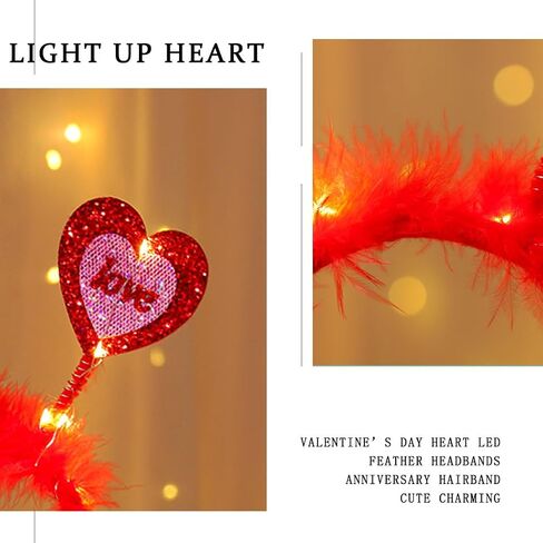 Heart Headband Red Light Up Valentine Hair Band Love Feather Hair Hoop Women Cute Heaadpiece Sequins Party Hair Accessories Costume Holiday Gift (Cute) in Saudi Arabia