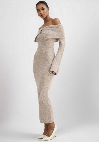 Women's Long Sleeve Off Shoulder Ribbed Knit Maxi Dress Casual Slim Fit Bodycon Elegant Long Sweater Dress in Kuwait