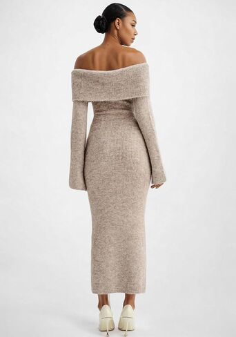 Women's Long Sleeve Off Shoulder Ribbed Knit Maxi Dress Casual Slim Fit Bodycon Elegant Long Sweater Dress in Kuwait