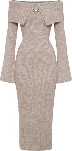 Women's Long Sleeve Off Shoulder Ribbed Knit Maxi Dress Casual Slim Fit Bodycon Elegant Long Sweater Dress in Kuwait