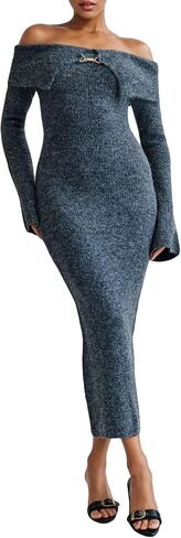 Women's Long Sleeve Off Shoulder Ribbed Knit Maxi Dress Casual Slim Fit Bodycon Elegant Long Sweater Dress in Kuwait