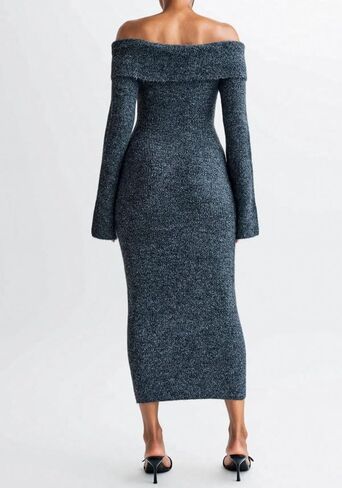 Women's Long Sleeve Off Shoulder Ribbed Knit Maxi Dress Casual Slim Fit Bodycon Elegant Long Sweater Dress in Kuwait