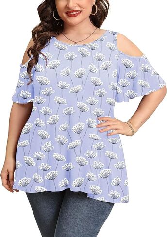 AusLook Plus Size Tunic Tops for Women Short Sleeve Clothes Cold Shoulder Clothing Crewneck Summer Maternity Shirts M-5X in Saudi Arabia