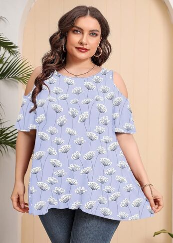 AusLook Plus Size Tunic Tops for Women Short Sleeve Clothes Cold Shoulder Clothing Crewneck Summer Maternity Shirts M-5X in Saudi Arabia