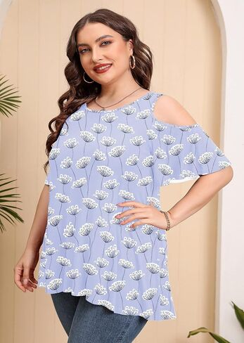 AusLook Plus Size Tunic Tops for Women Short Sleeve Clothes Cold Shoulder Clothing Crewneck Summer Maternity Shirts M-5X in Saudi Arabia