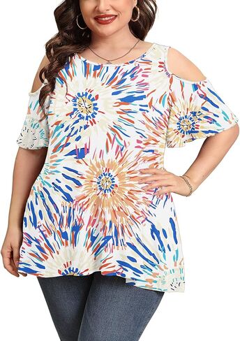 AusLook Plus Size Tunic Tops for Women Short Sleeve Clothes Cold Shoulder Clothing Crewneck Summer Maternity Shirts M-5X in Saudi Arabia