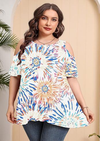 AusLook Plus Size Tunic Tops for Women Short Sleeve Clothes Cold Shoulder Clothing Crewneck Summer Maternity Shirts M-5X in Saudi Arabia