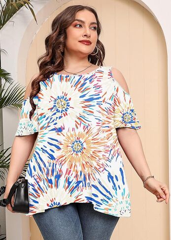 AusLook Plus Size Tunic Tops for Women Short Sleeve Clothes Cold Shoulder Clothing Crewneck Summer Maternity Shirts M-5X in Saudi Arabia