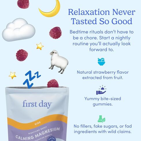 First Day Kids’ Nighttime Reset Calming Magnesium Gummies – Sleep Aid to Support Calm & Relaxation – Bedtime Supplement with Magnesium Citrate, Suntheanine & No Melatonin – 30-Day Supply in Saudi Arabia
