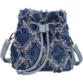 Women's Small Denim Bucket Purse Tie-dyeing Quilted Distressed Shoulder Crossbody Bag