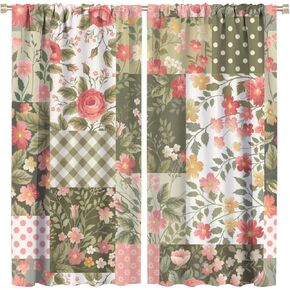 Boho Floral Curtains, Vintage Rustic Romantic Pink Rose Beige Green Tartan Figure Cloth Patchwork, Thermal Insulation Rod Pocket Blackout Window Treatments for Living Room Bedroom Kitchen 42x54in