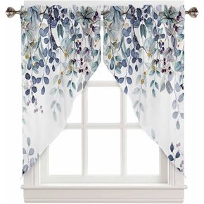 Blue Eucalyptus Leaves Valances for Windows, Teal Abstract Branch Leaves Farmhouse Plant Swag Curtains Rod Pocket Window Curtain 2 Panel for Kitchen Bedroom Living Room Bathroom 36"x45"