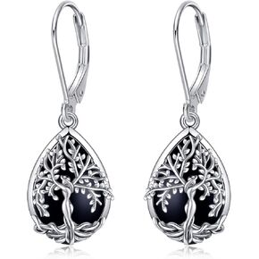 ONEFINITY Turquoise Black Tourmaline Tree of Life Earrings Sterling Silver Tree of Life Dangle Drop Earrings Teardrop Turquoise Black Tourmaline Jewelry for Women