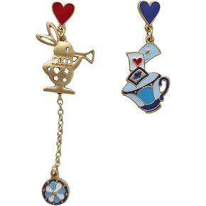 Alice Earrings for Women Asymmetric Poker Card Clock Dangle Earrings Rabbit Alarm Clock Drop Earrings Halloween Costume Accessories