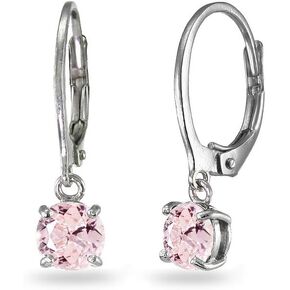 Sterling Silver Simulated Morganite 6mm Round Dangle Dainty Leverback Earrings, 3 Metal Options
