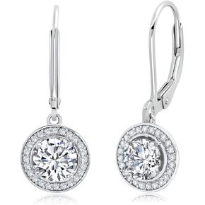 Cubic Zirconia Halo Dangle Earrings for Women in 925 Sterling Silver in Round, Oval, or Cushion Cut CZ with Leverback by MAX + STONE