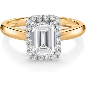 Gem Stone King 1.20 Cttw 10K Yellow and White Gold IGI Certified Lab Grown Diamond Halo Engagement Ring For Women | Center Emerald Cut Diamond 1 Ct | F-G Color | VS1 Clarity