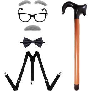 Old Man Costume 100 Day of School Grandpa Costume Accessories Include Glasses Suspenders Bow Tie Inflatable Cane Mustache and Eyebrows