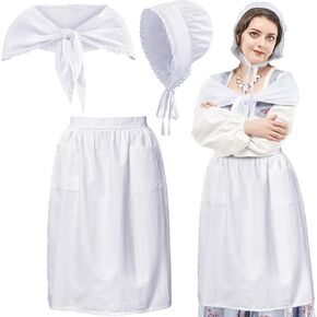 Hercicy 3 Pieces Women Colonial Costume Set White Mob Cap Bonnet Shawl Half Apron Maid Peasant Pilgrim Costume Girls Cosplay