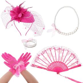 Fumwase 5Pcs Tea Party Accessories Set for Girls Tea Party Favors Kit Tea Party Gloves Hats Necklace Fan Bracelet