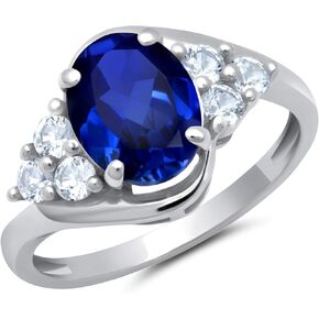 MAX + STONE Created Blue Sapphire Oval Sunburst Halo Ring for Women in 10k White Gold with Created White Sapphire and September Birthstone Anniversary Ring Size 9