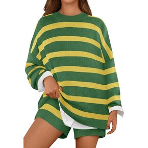 MEROKEETY Women's 2 Piece Sweater Lounge Sets Striped Long Sleeve Shorts Oversized Matching Outfits